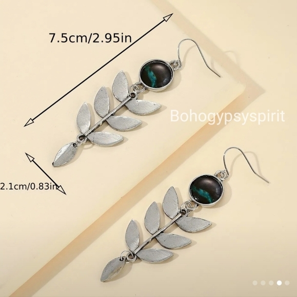 Boho Retro Leaf Dangle Drop  Earrings With Pine Stone - Picture 4 of 12